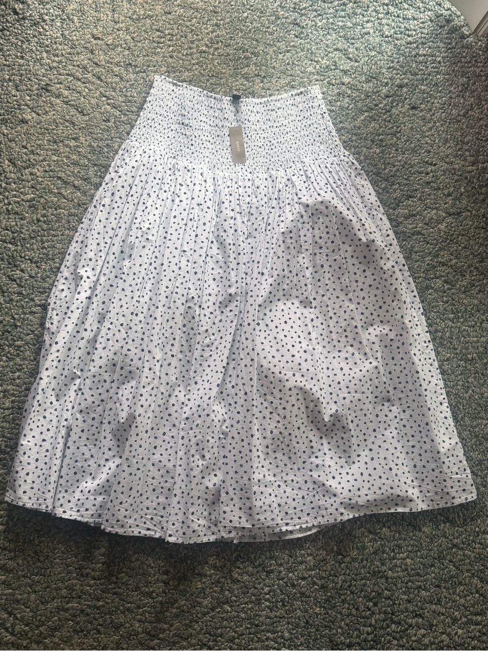 NWT J.Crew Smocked Polka Dot Midi Skirt White Navy Size M